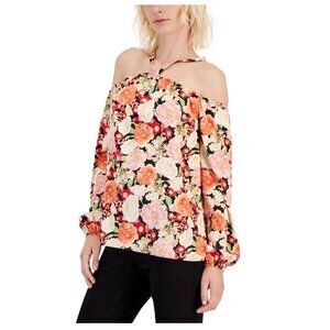 INC Women's Long-Sleeve Off-The-Shoulder Halter Top, Multi Floral Garden